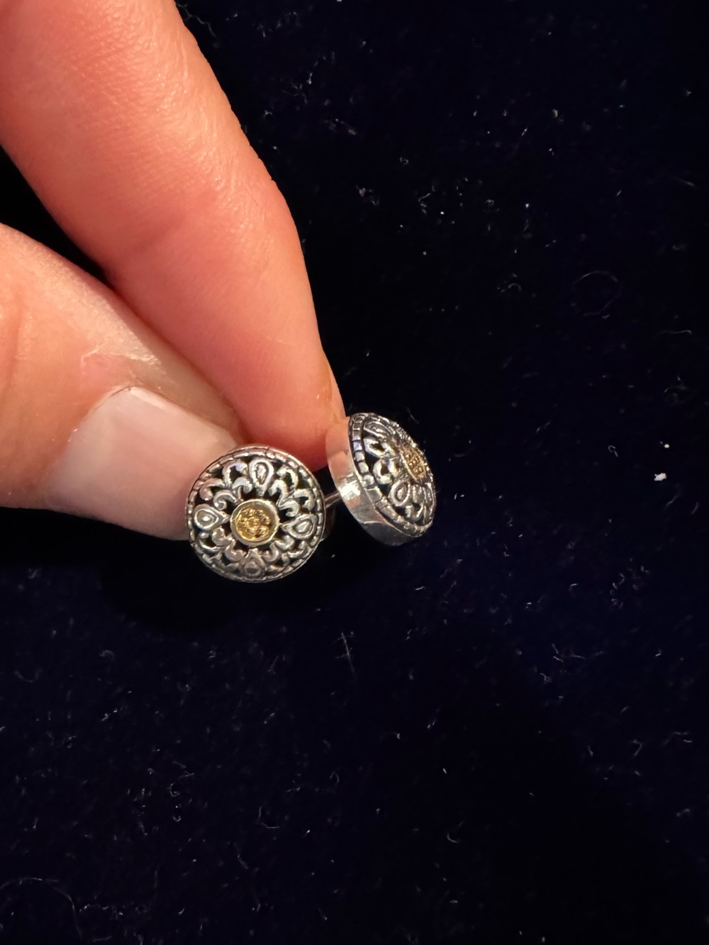 Sterling Silver Filigree Button Stud Earrings with Gold Accent - Silver and Gold